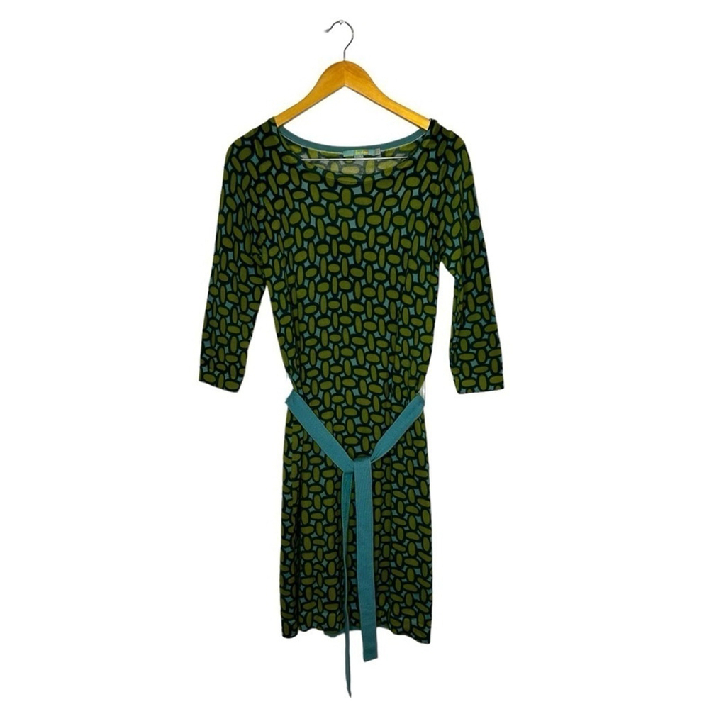 Boden Retro Green Blue Long Sleeve 100% Wool Art Deco Print MIDI Dress Size 4 - Picture 4 of 16